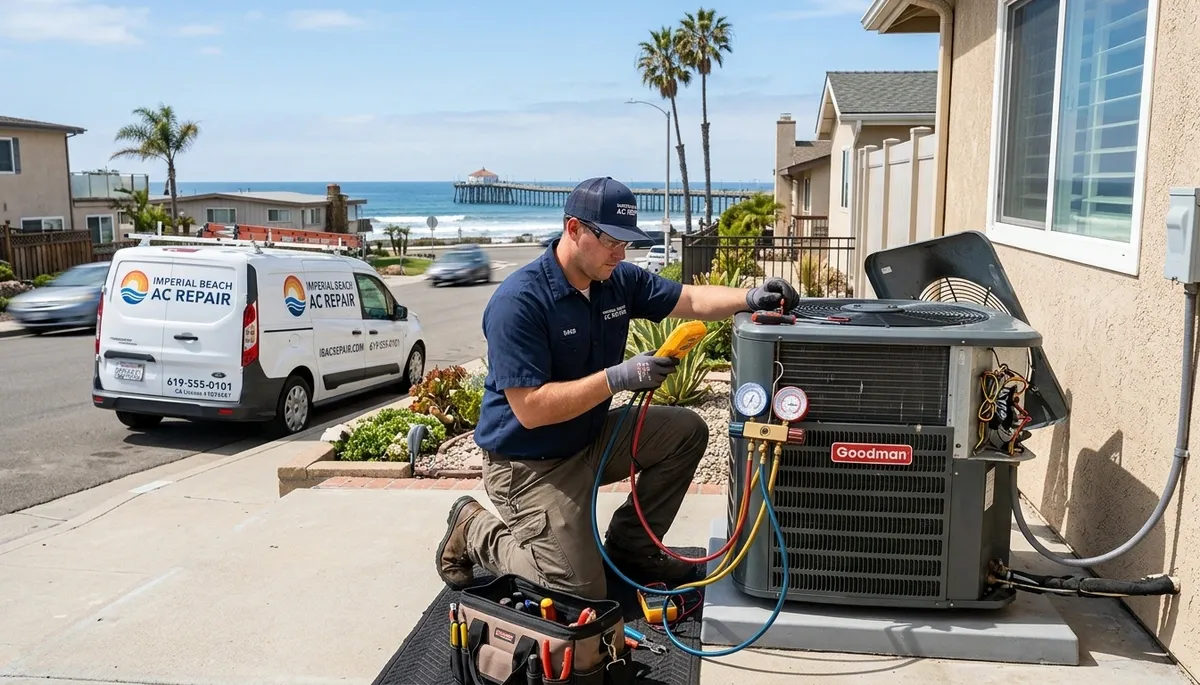 Professional AC repair technician servicing air conditioner unit in San Diego, CA