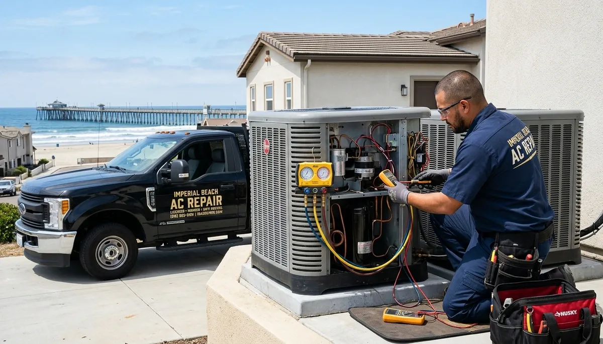 Professional AC repair technician servicing air conditioner in San Diego CA home