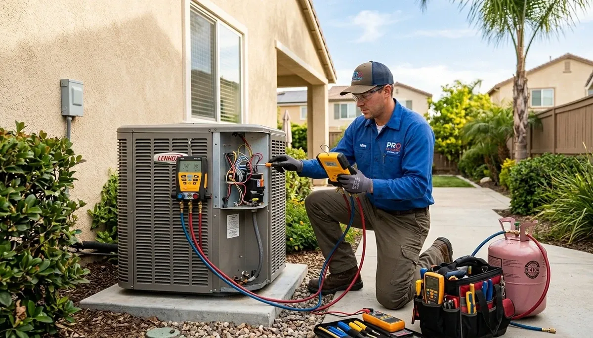 Professional AC repair technician servicing air conditioner in San Diego CA home