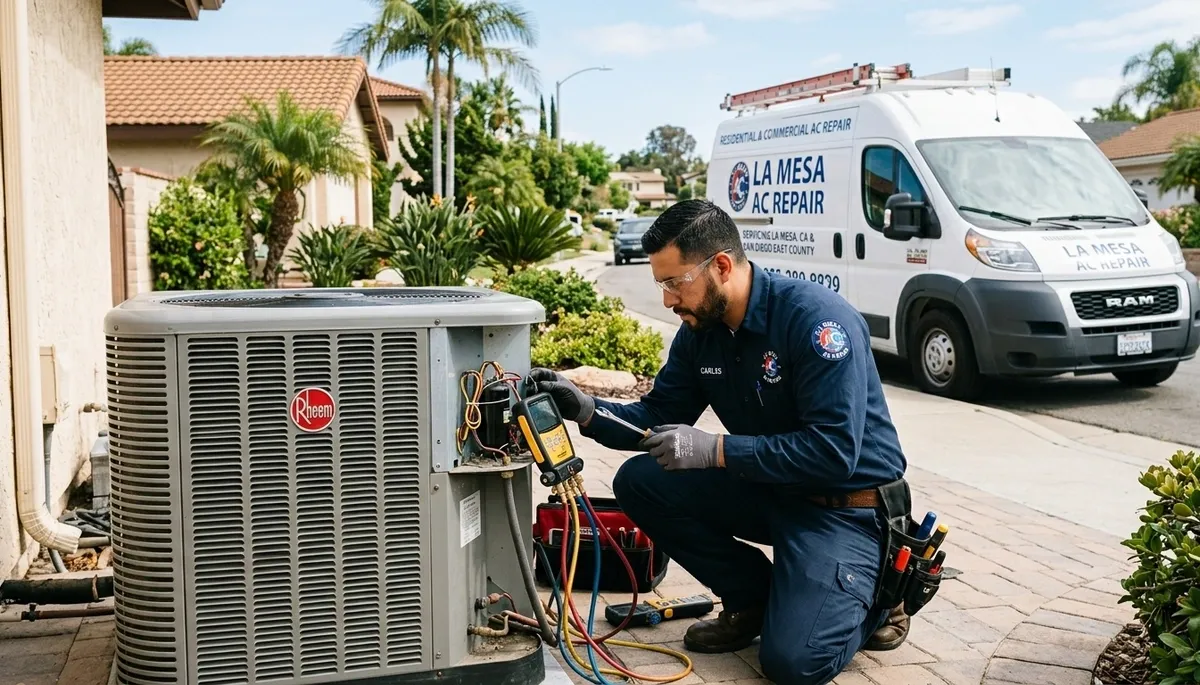 Local AC repair technician servicing air conditioning unit in San Diego CA home