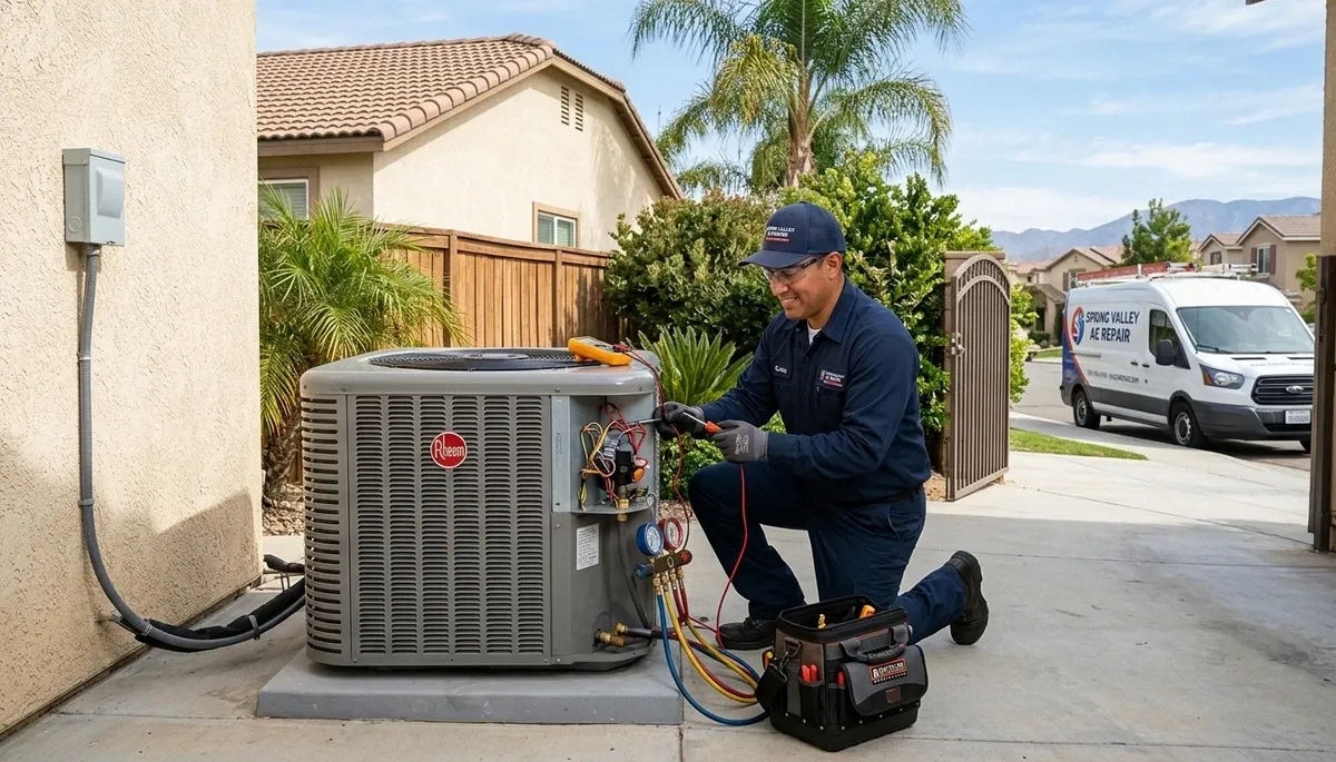 Professional AC repair technician servicing air conditioner unit in San Diego, CA